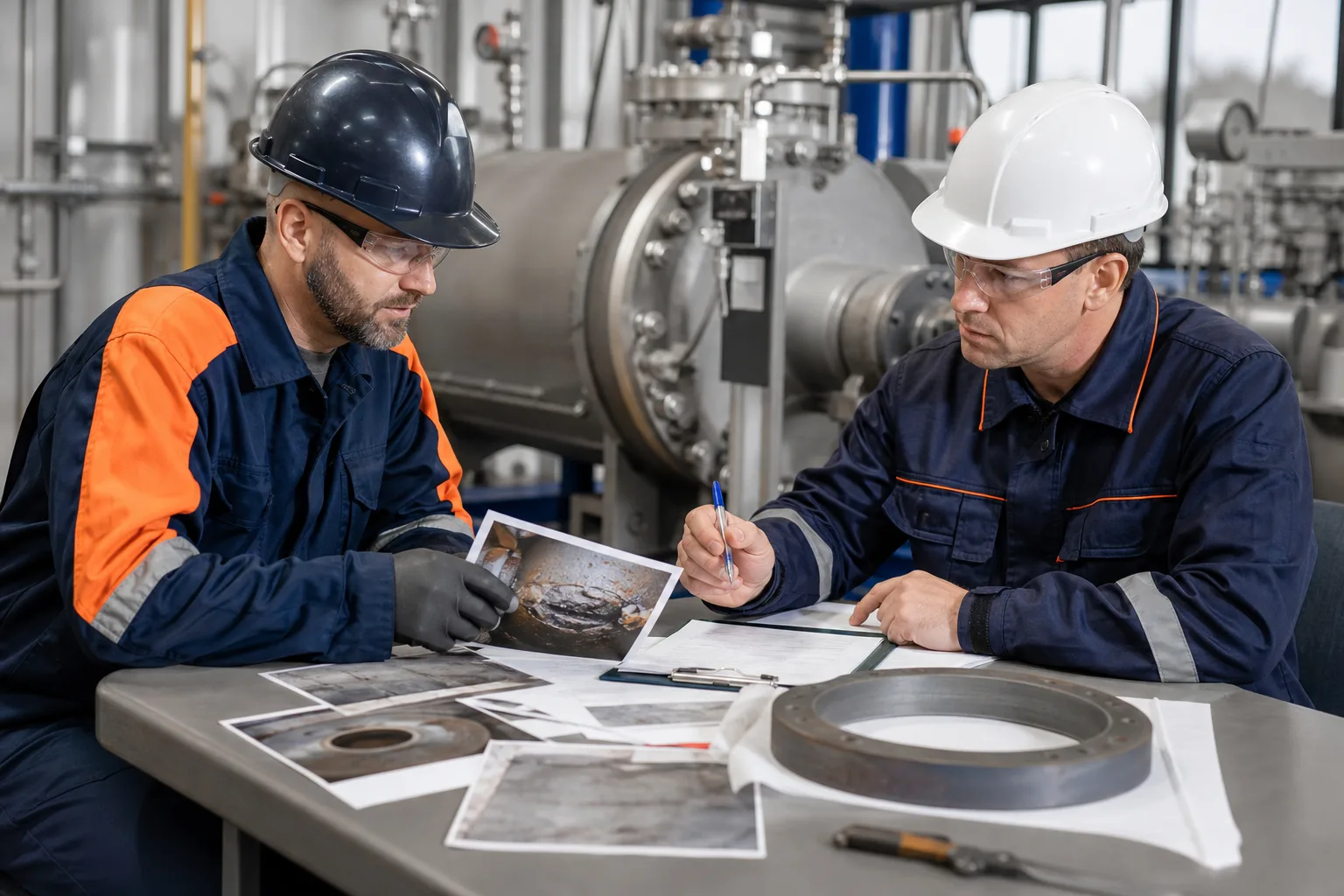 Maintenance engineer and technical specialist preparing an industrial repair shortlist