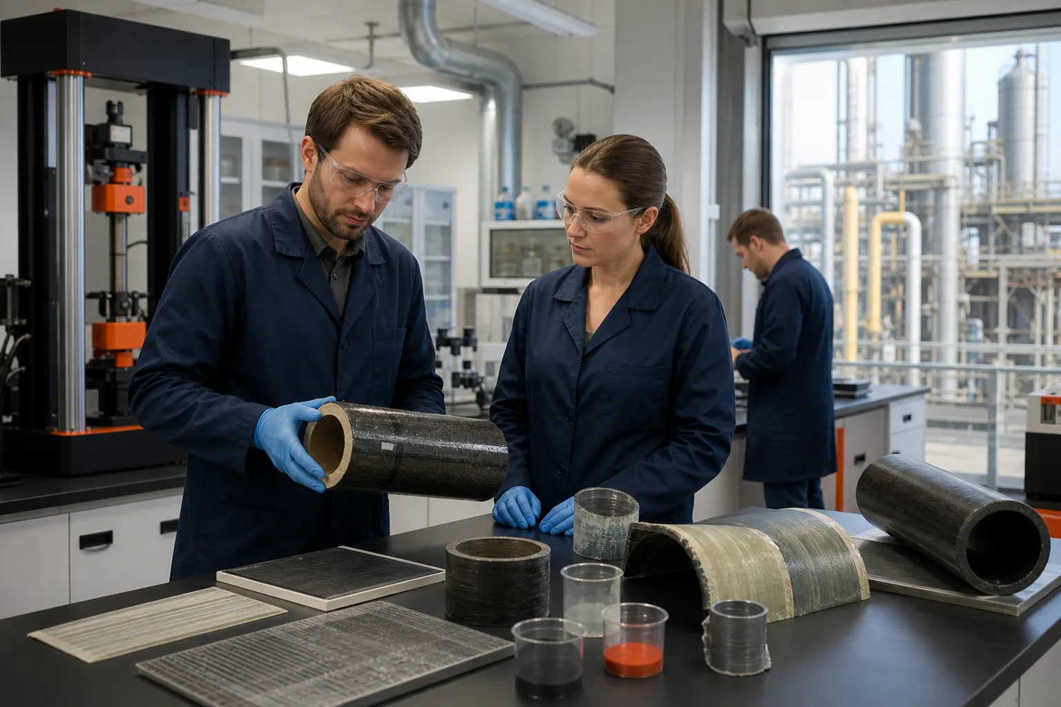Technical staff reviewing industrial repair material samples