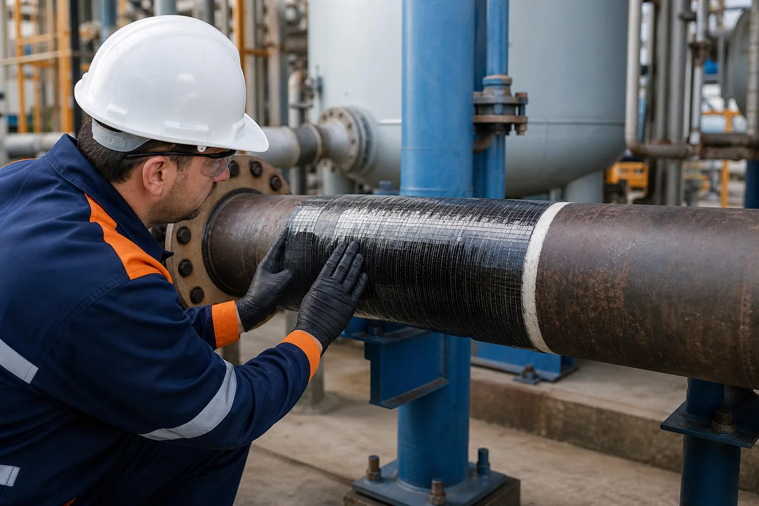 Technician applying composite reinforcement to an isolated industrial pipe