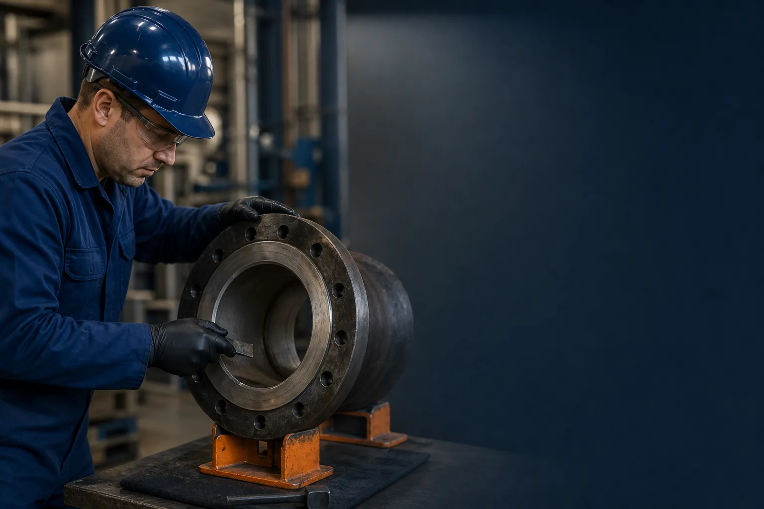 Technician preparing an isolated and cooled metal flange surface for repair