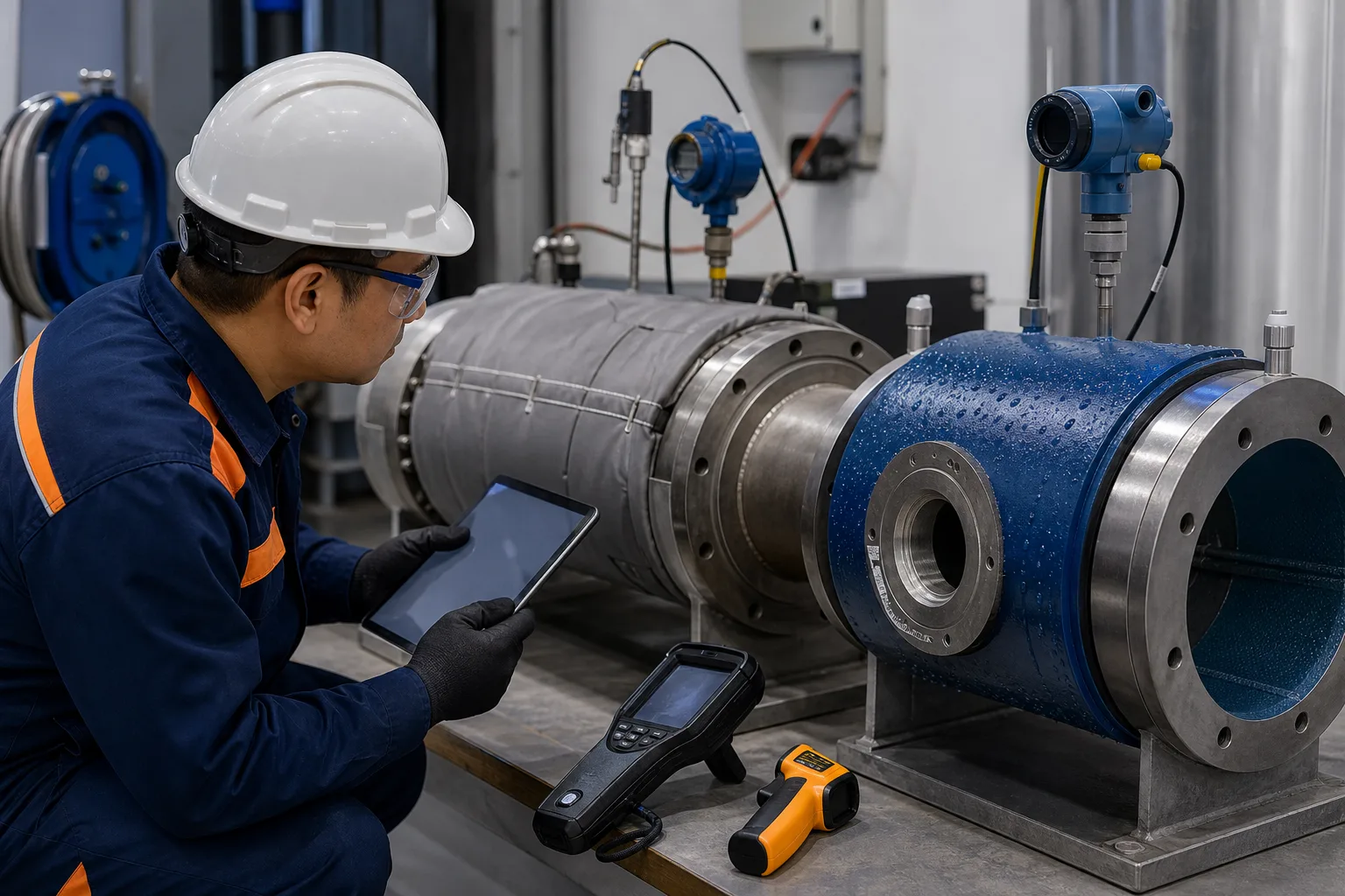 Technician evaluating industrial repair conditions for heated and wet-service equipment
