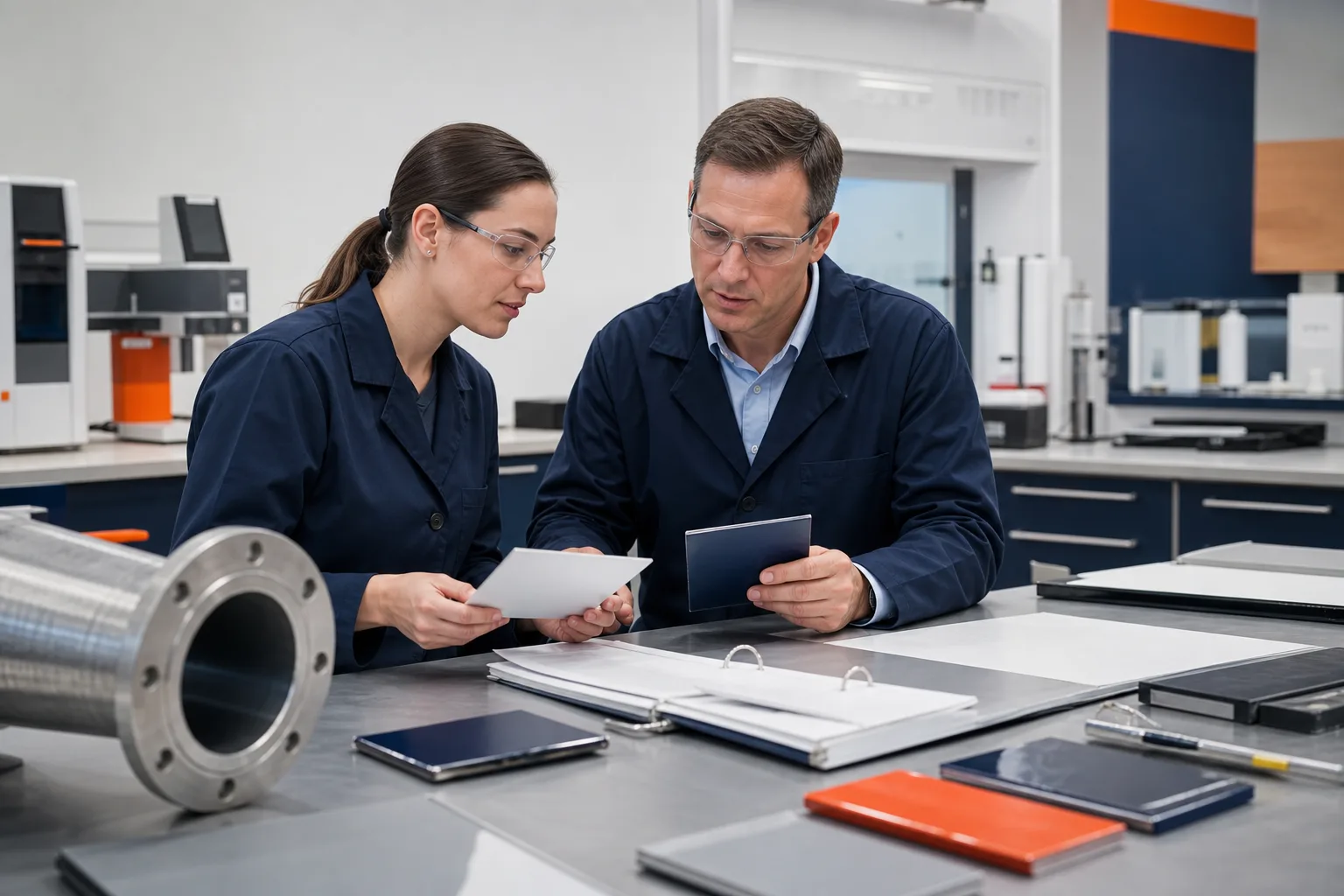Technical team reviewing coated material samples