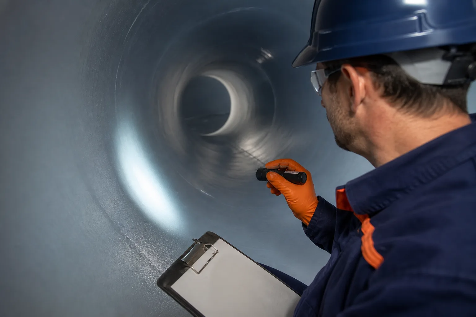 Inspector examining a newly applied vessel lining