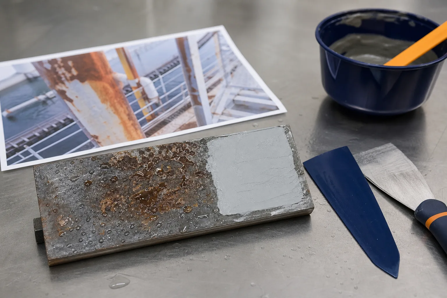 Prepared wet metal sample for underwater repair material evaluation