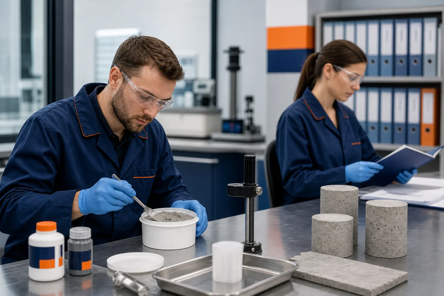 Specialists reviewing an industrial repair material sample and documentation