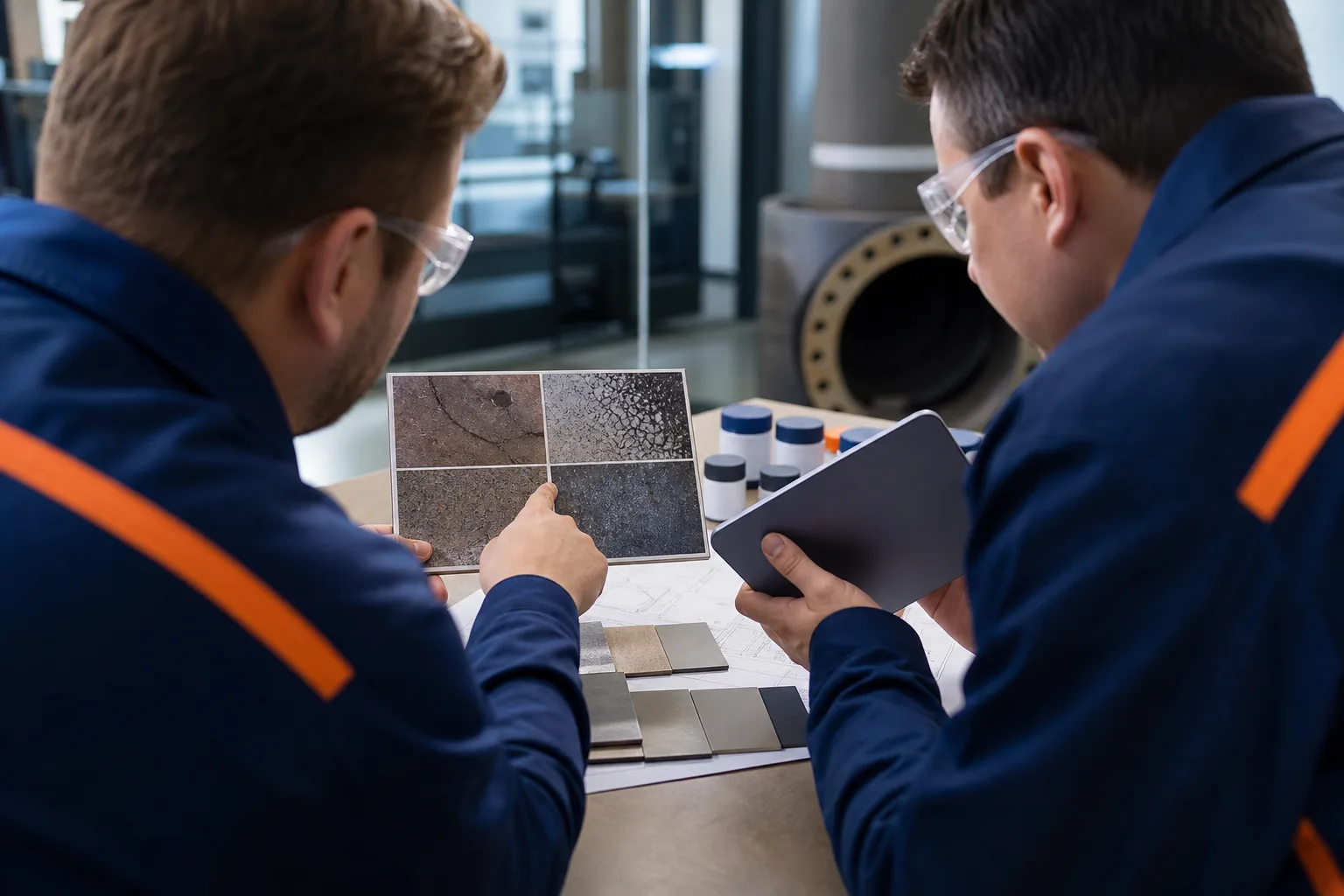 Engineers reviewing information for an industrial repair project quotation