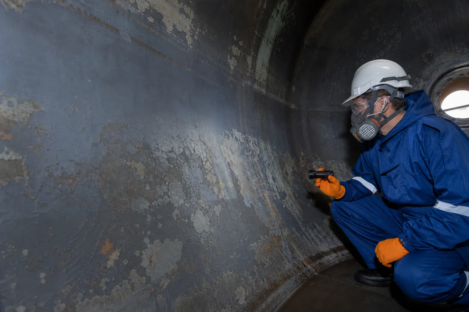 Engineer assessing chemical corrosion inside an industrial process vessel