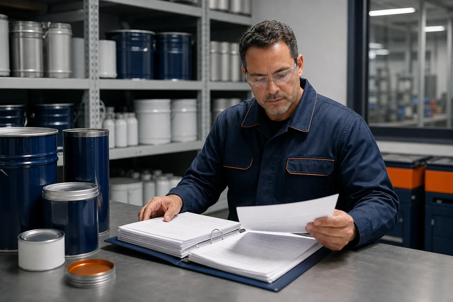 Technician reviewing quality records for industrial repair materials