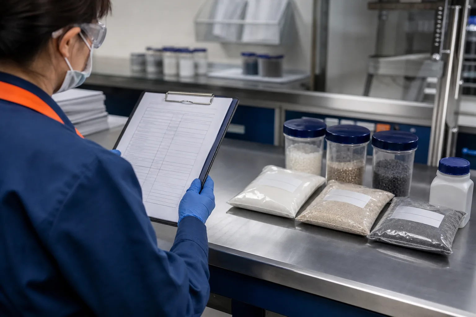 Quality specialist reviewing batch documentation and material samples