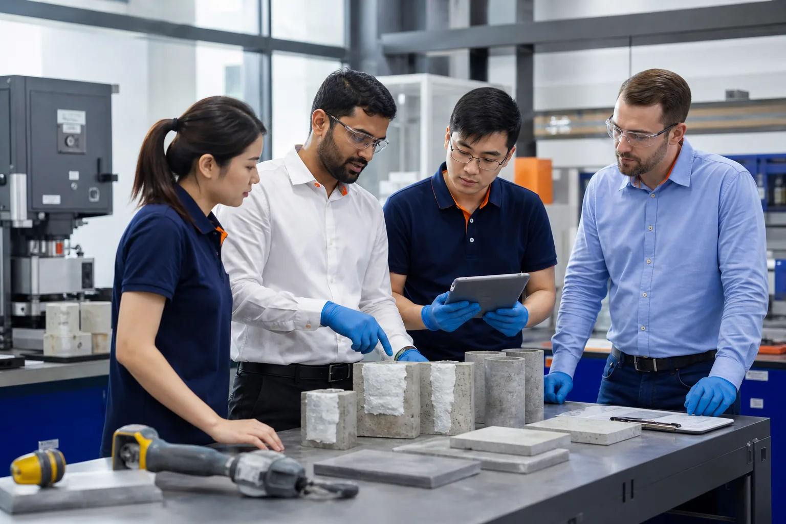 Technical specialists planning industrial repair material improvements