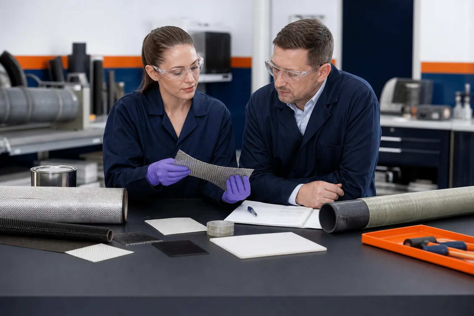 Technical professionals reviewing composite repair materials and documents