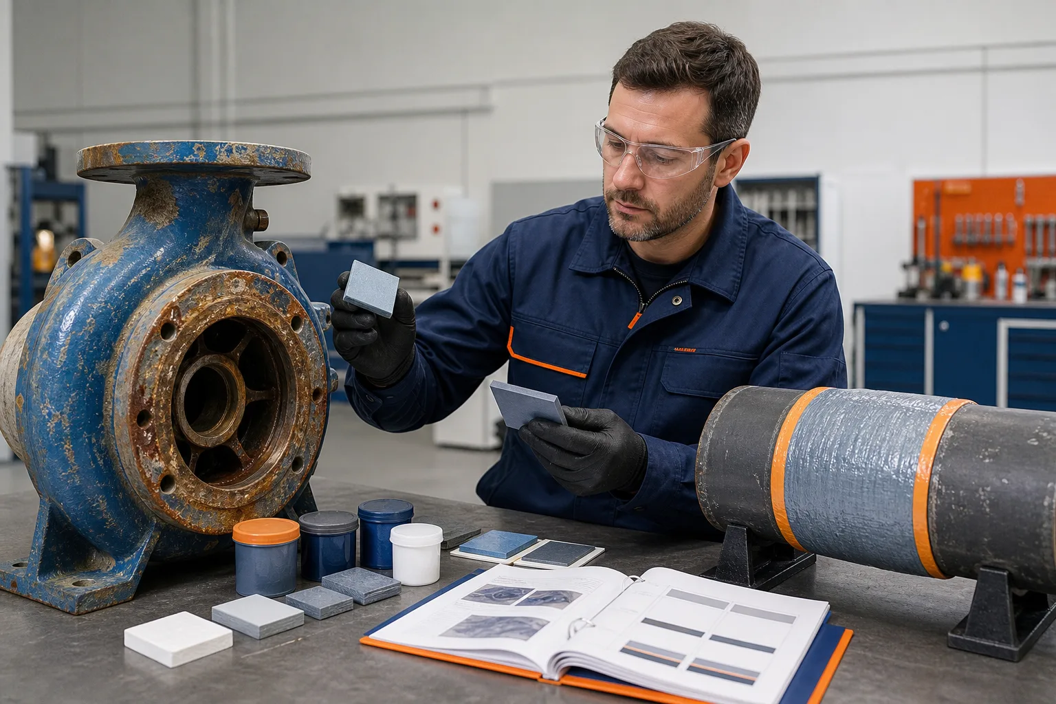 Engineer reviewing industrial repair material options