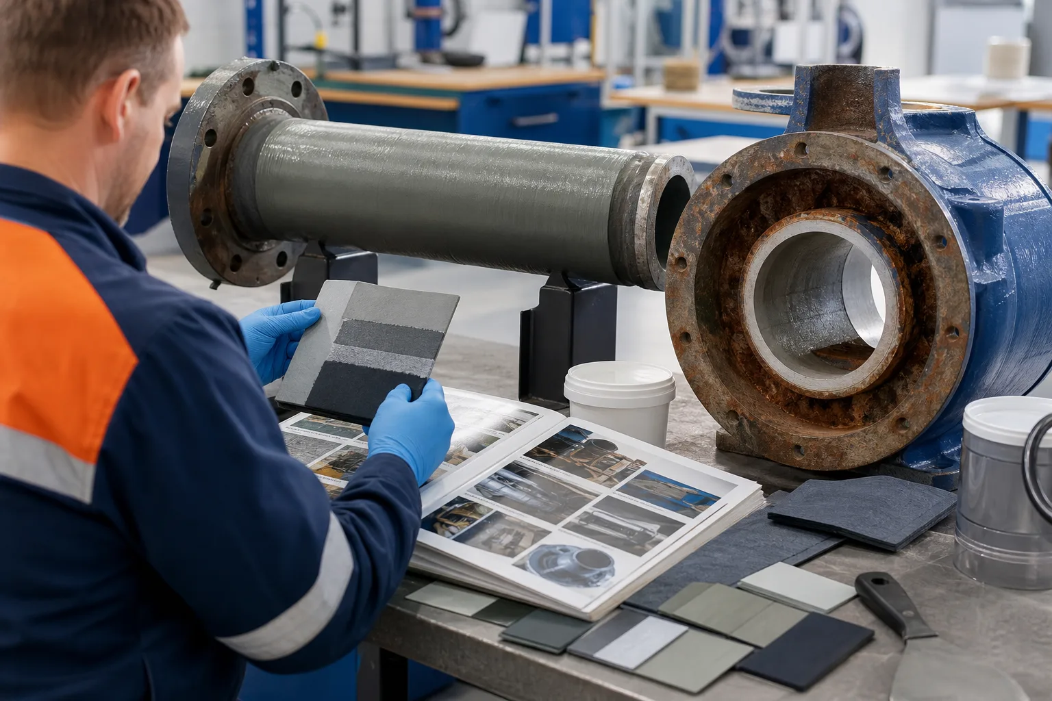 Engineer reviewing industrial repair material options