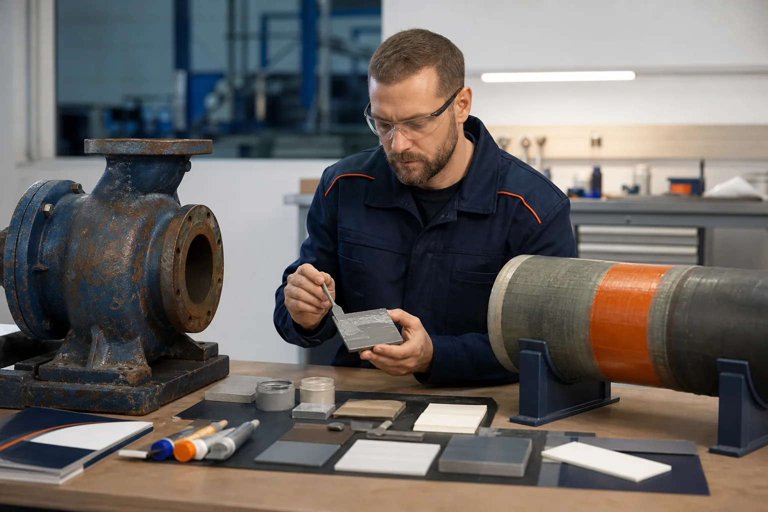 Engineer reviewing industrial repair material options