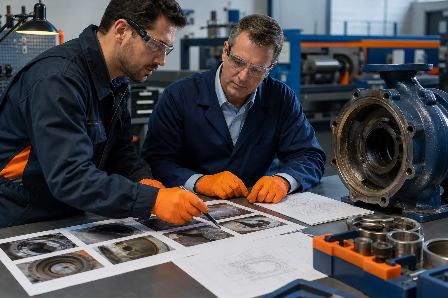 Engineer and materials specialist reviewing industrial equipment damage