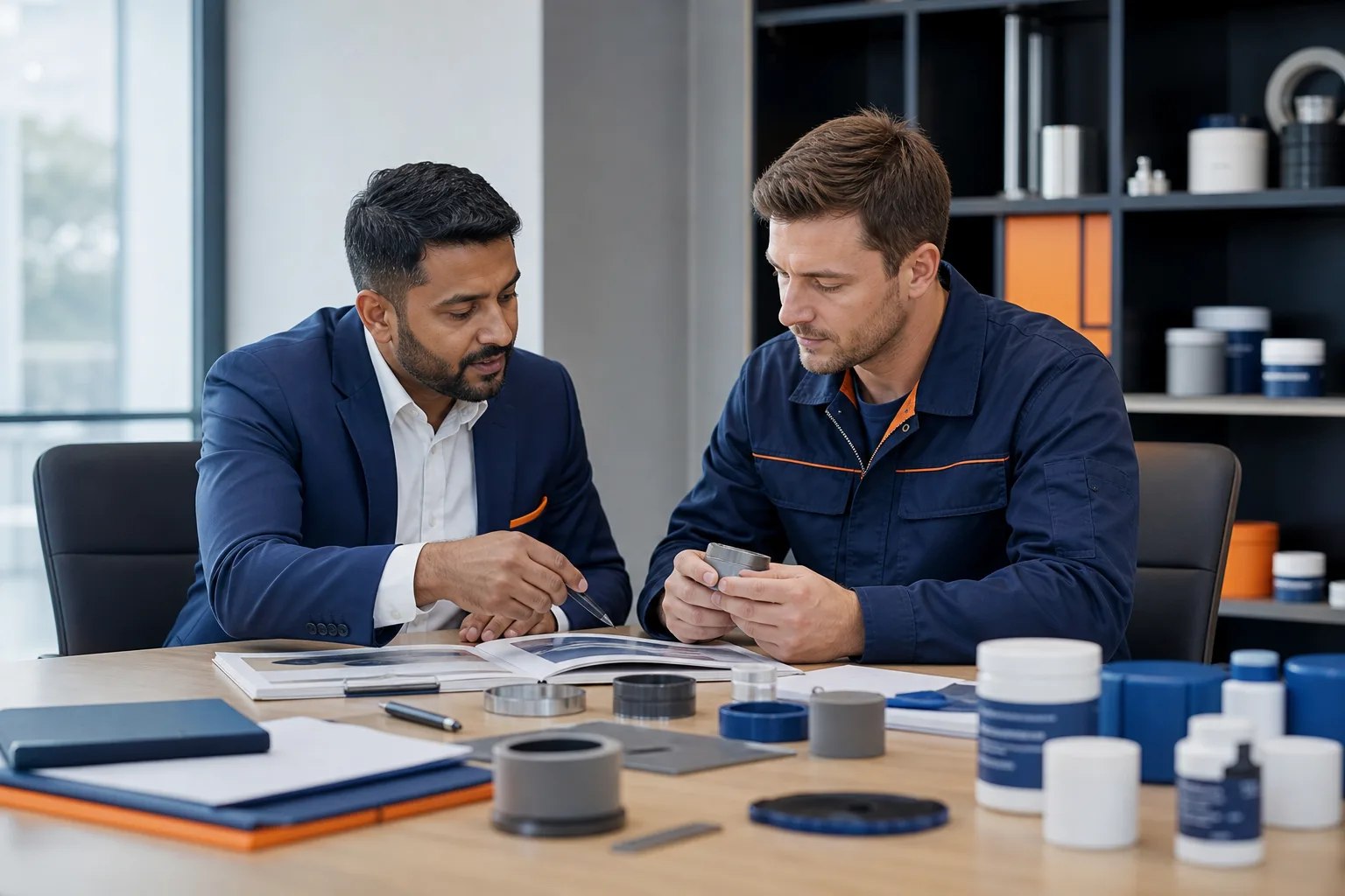 Distributor and technical specialist reviewing an industrial repair materials portfolio
