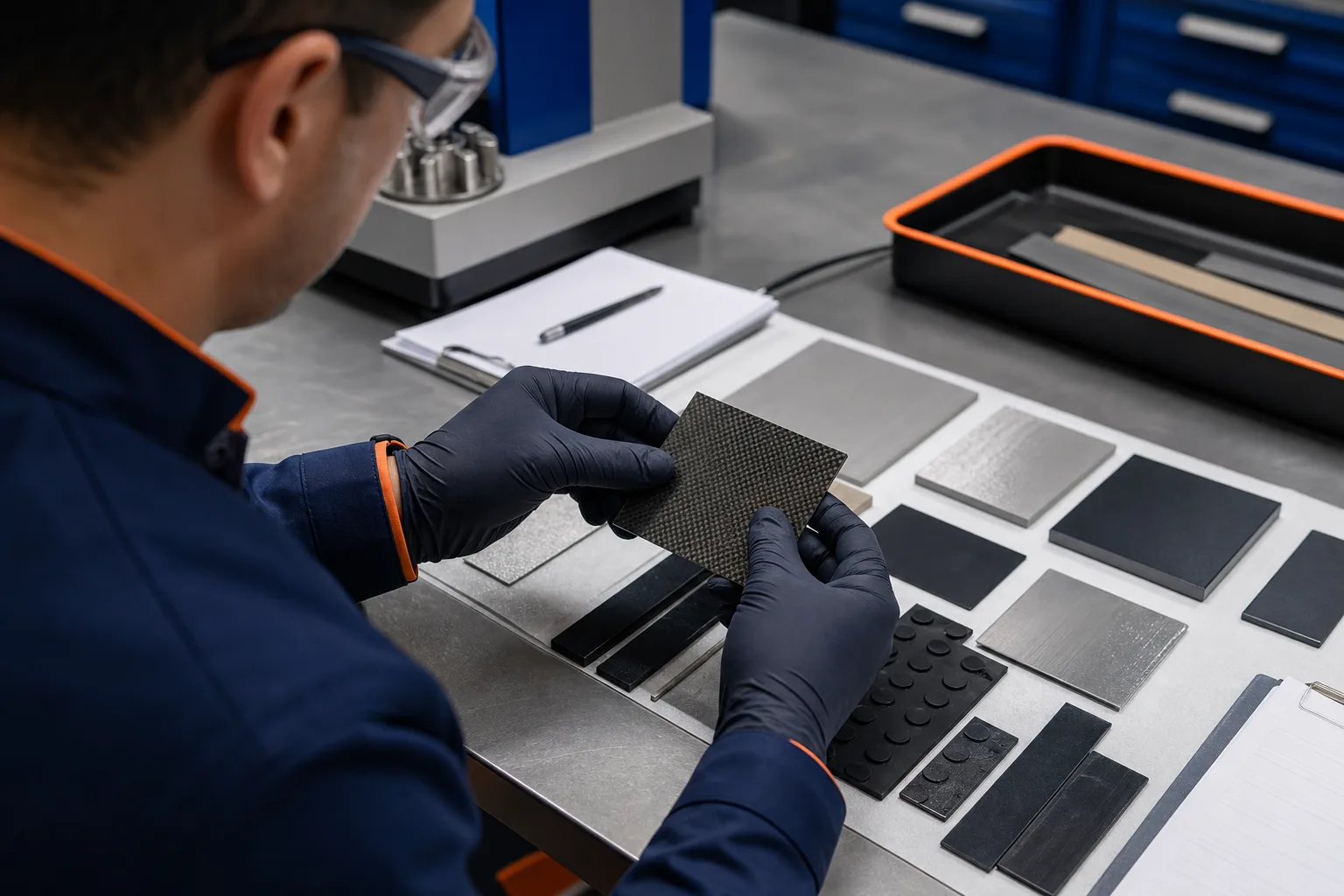 Technical staff evaluating industrial repair material samples