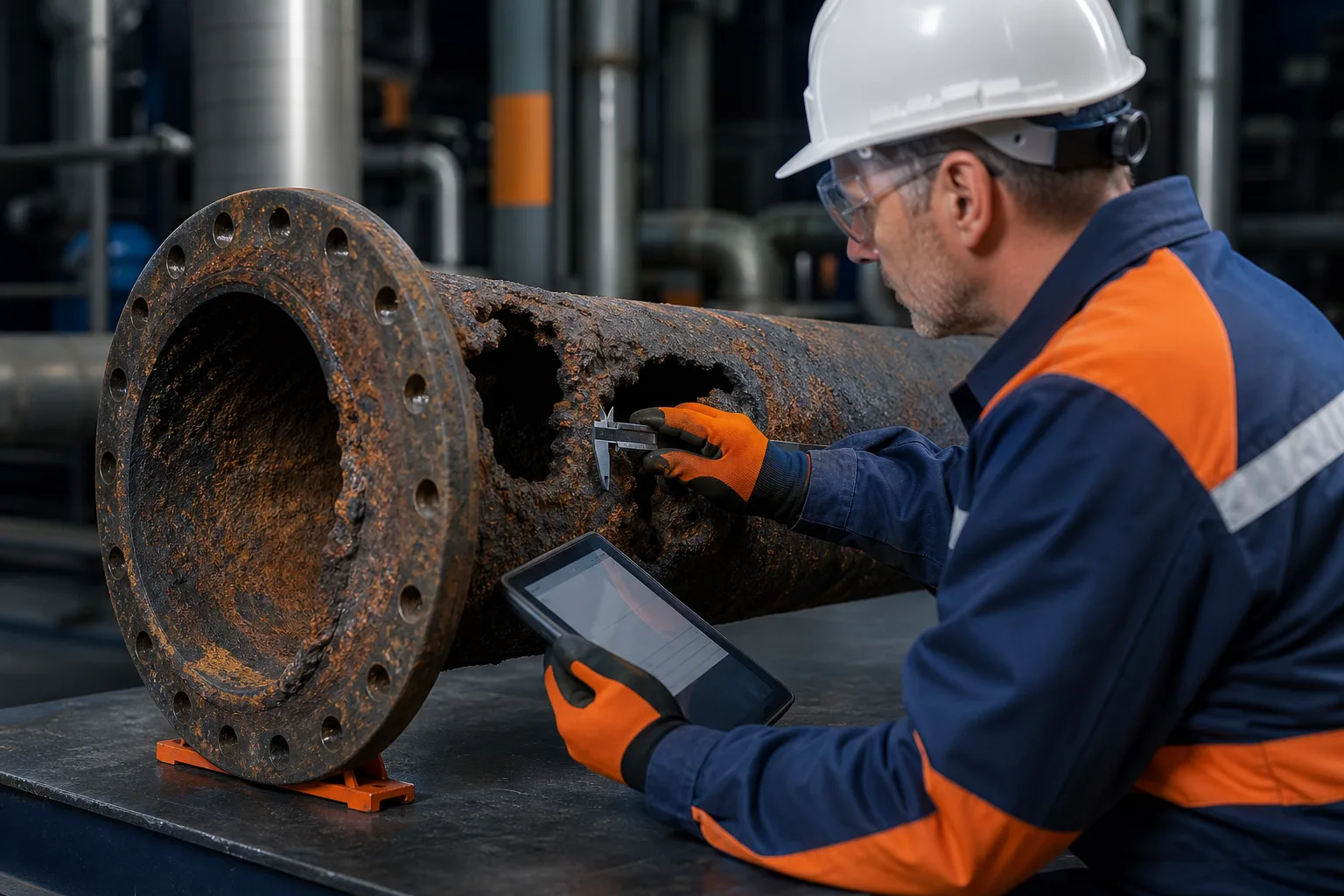 Engineer assessing whether damaged industrial equipment requires repair analysis or replacement