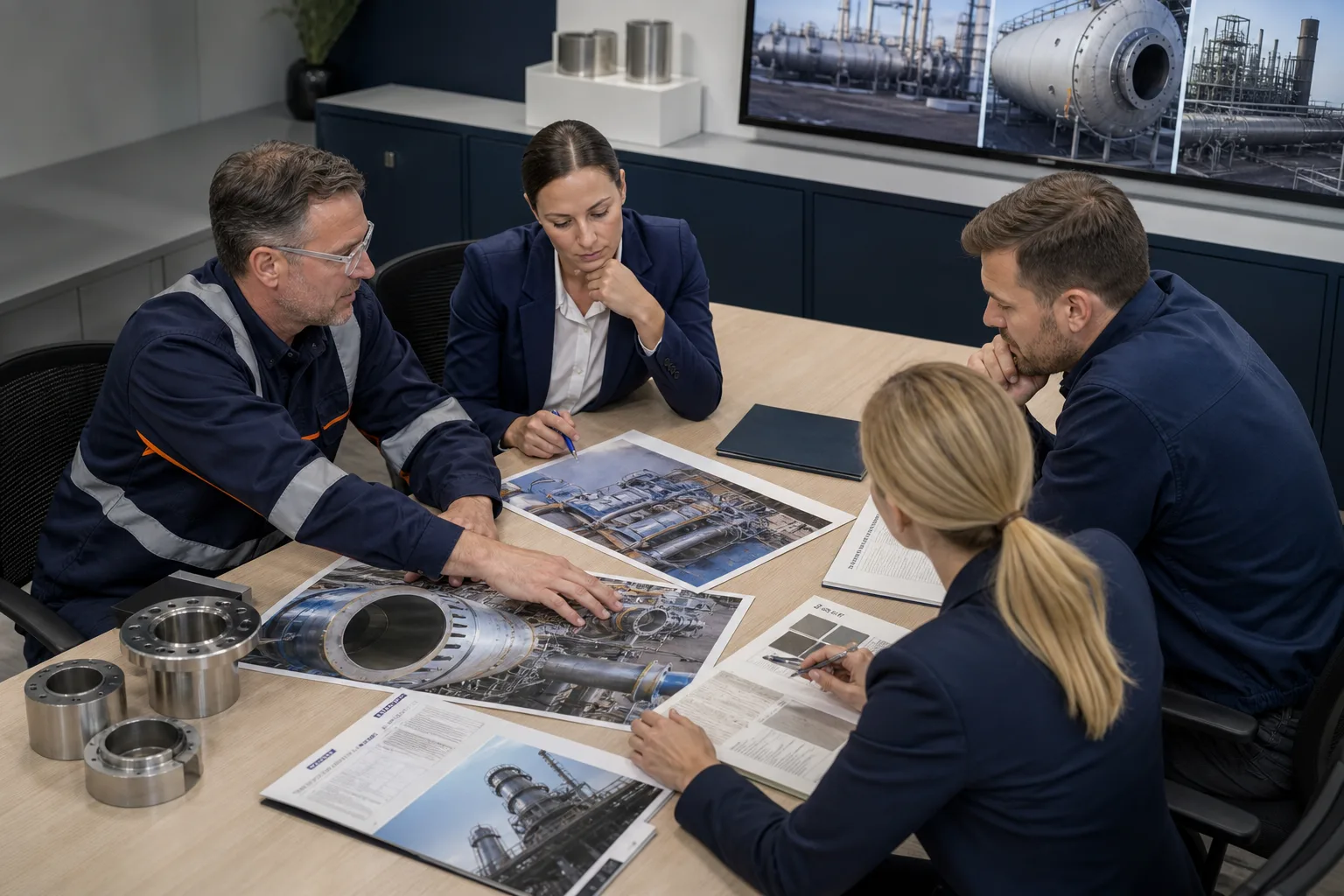 Technical and procurement team reviewing an industrial repair project