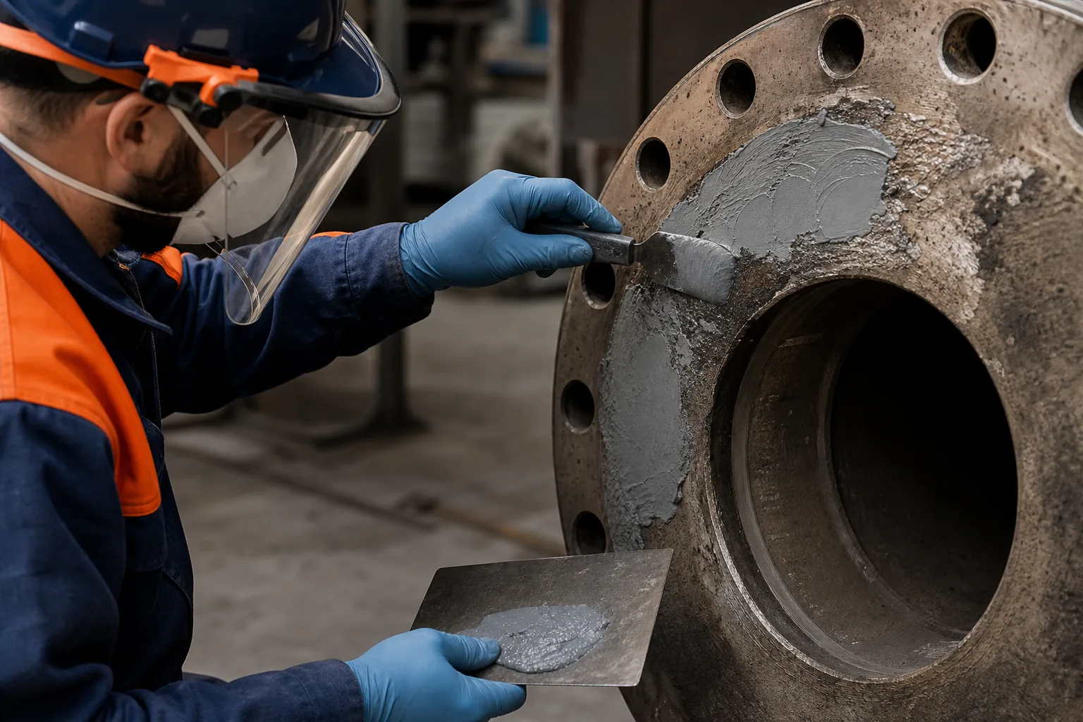 Industrial repair routes for flanges, pumps, ducts, and pipe sections