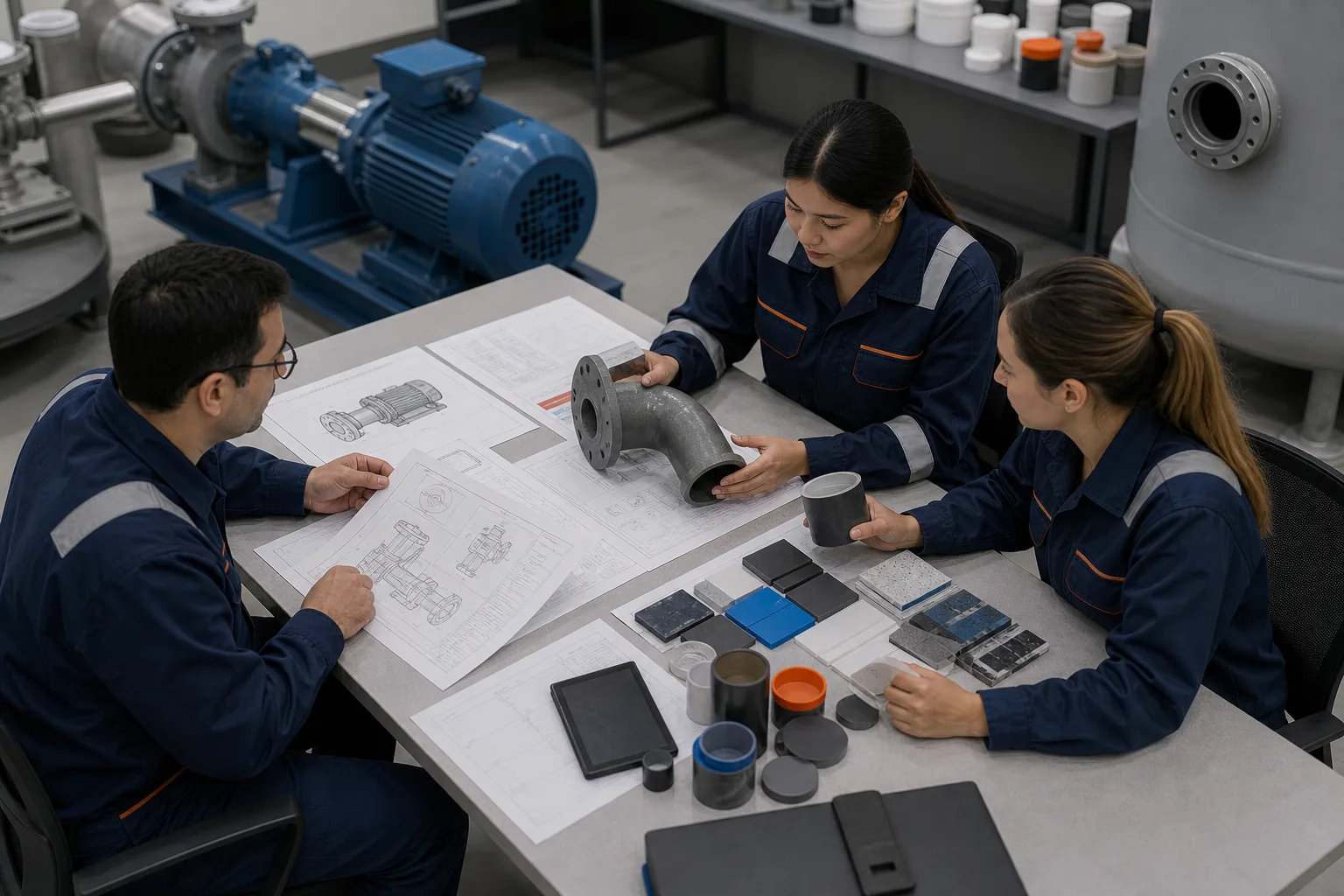 Engineers reviewing pump, pipe, and tank repair requirements with technical documents