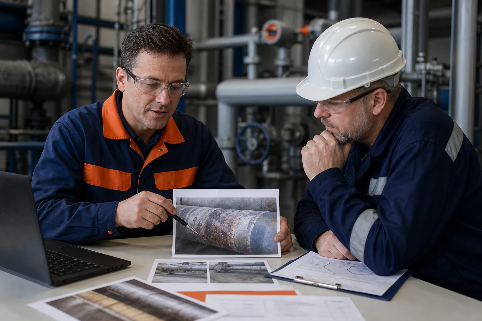 Technical specialists reviewing pipe repair project information