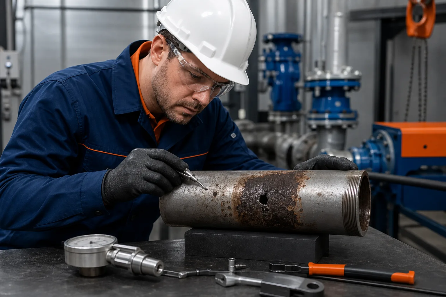 Engineer evaluating a localized defect on a steel pipe