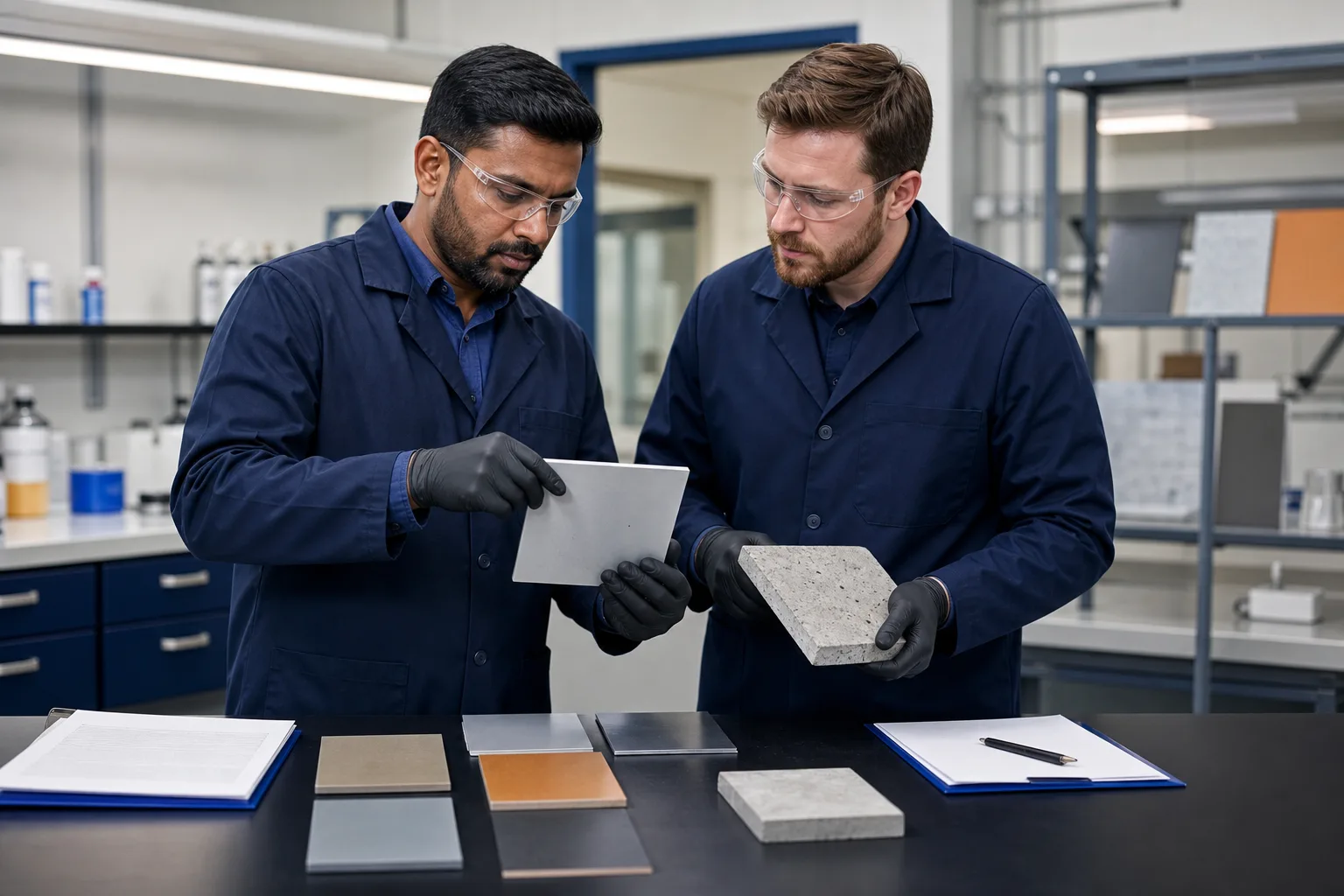 Technicians evaluating protective coating samples on test panels