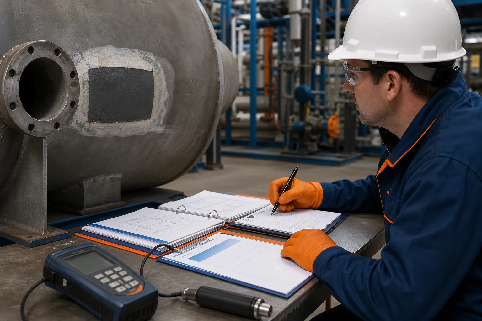 Engineer reviewing site-specific conditions before approving an industrial repair