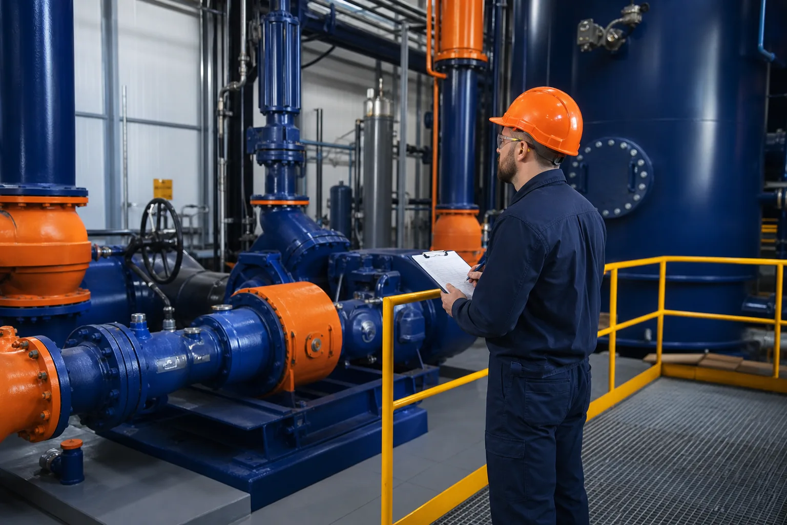 Engineer assessing industrial equipment for repair material selection