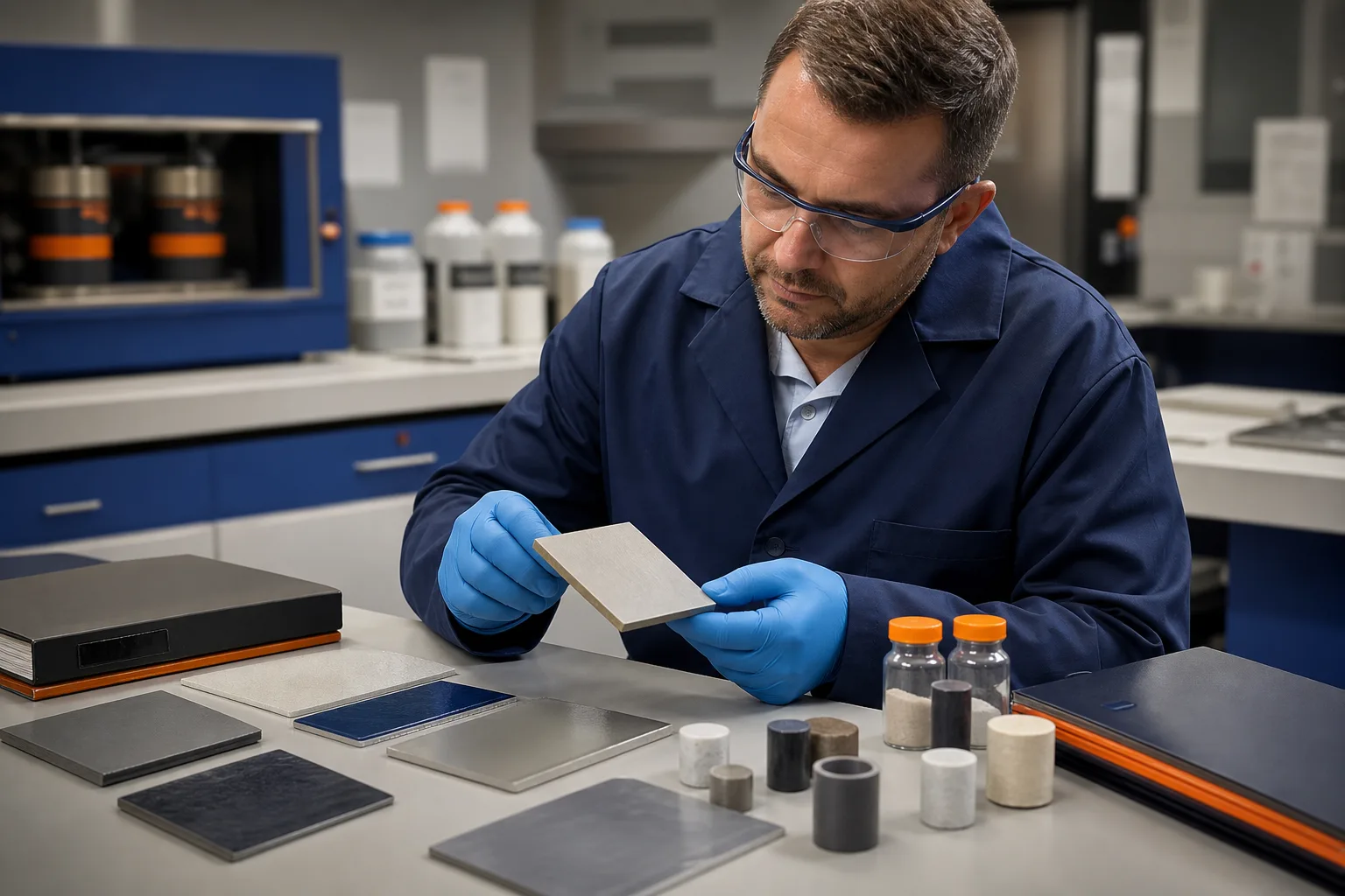 Engineer reviewing industrial repair-material samples and supporting documentation