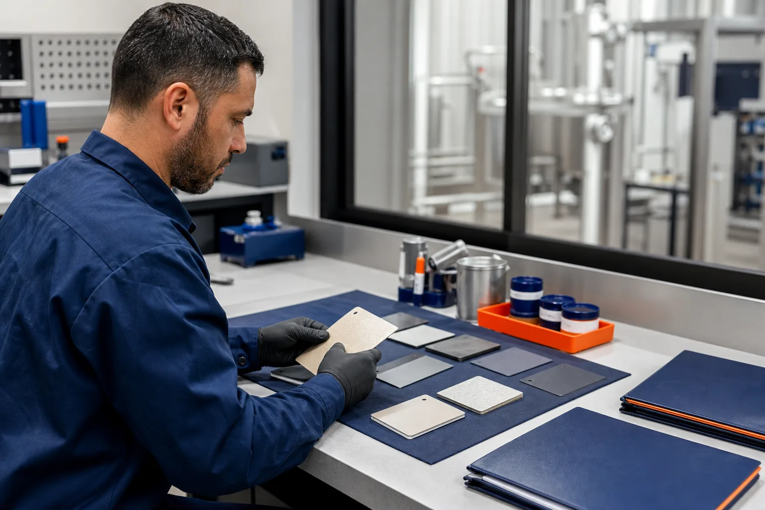 Engineer reviewing industrial repair-material samples and supporting documentation
