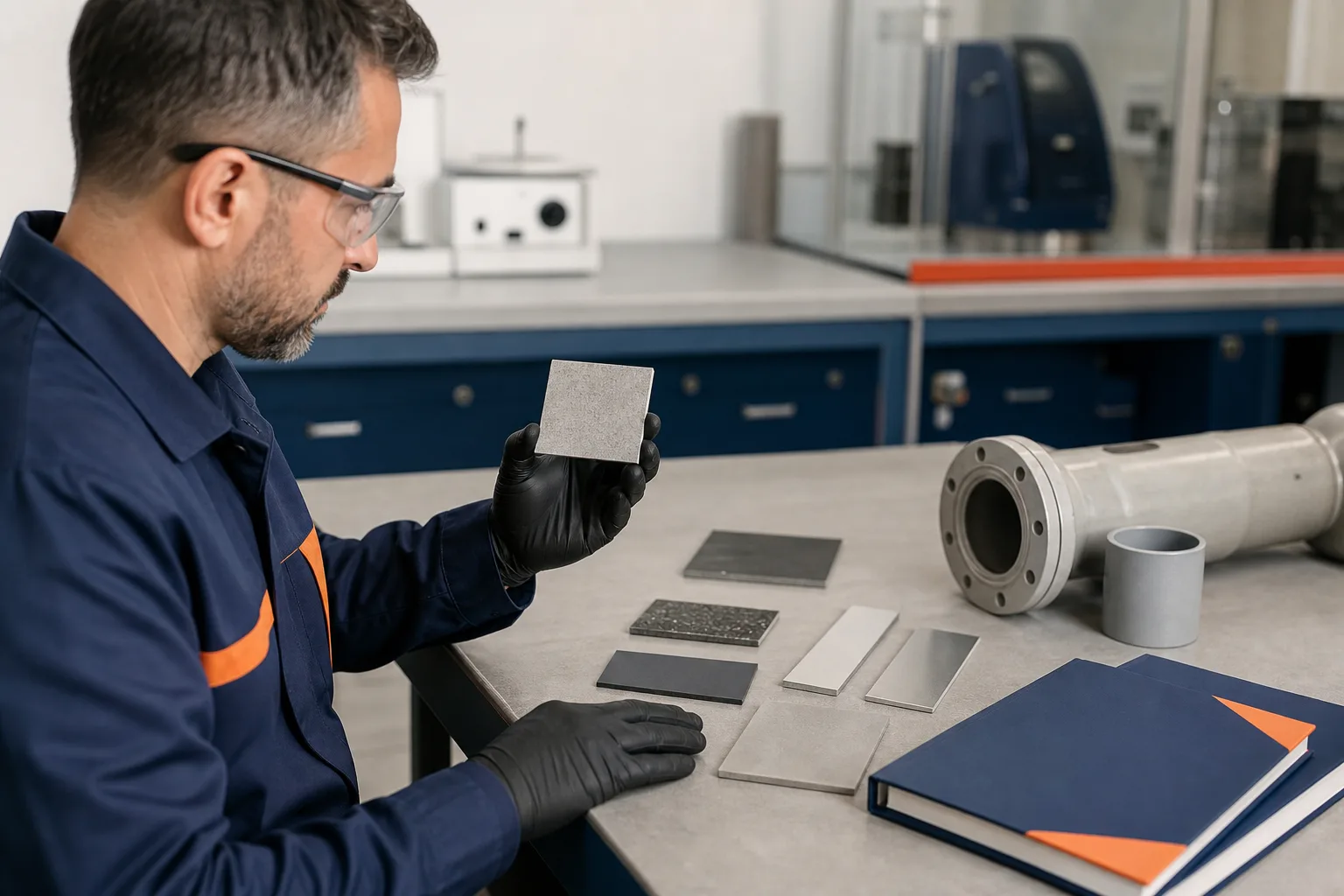 Engineer reviewing industrial repair-material samples and supporting documentation