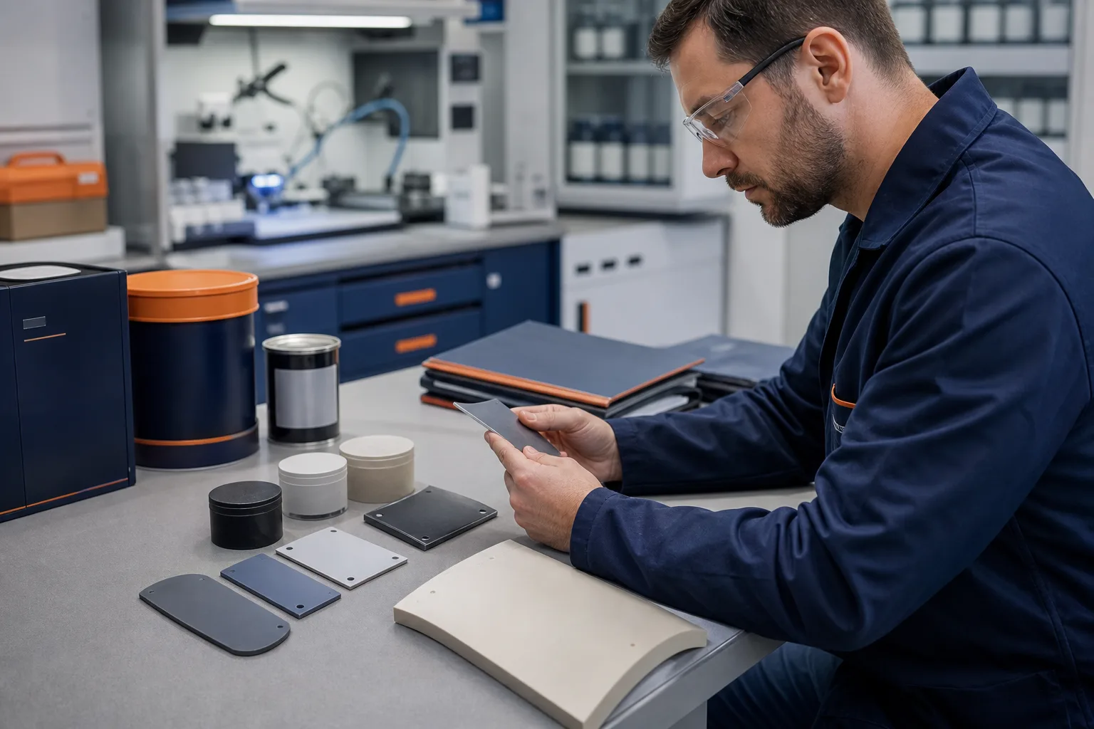Engineer reviewing industrial repair-material samples and supporting documentation