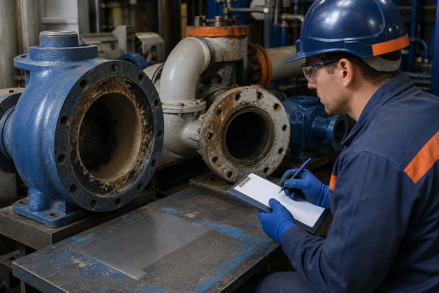 Engineer reviewing equipment geometry and damage factors for repair-material selection
