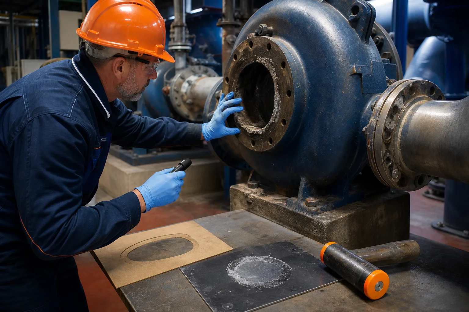 Engineer reviewing equipment geometry and damage factors for repair-material selection
