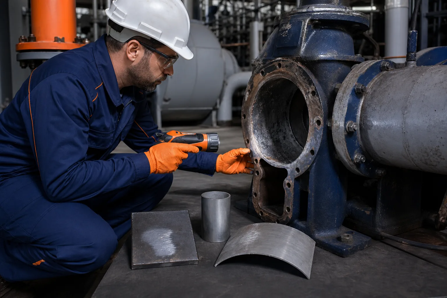 Engineer reviewing equipment geometry and damage factors for repair-material selection