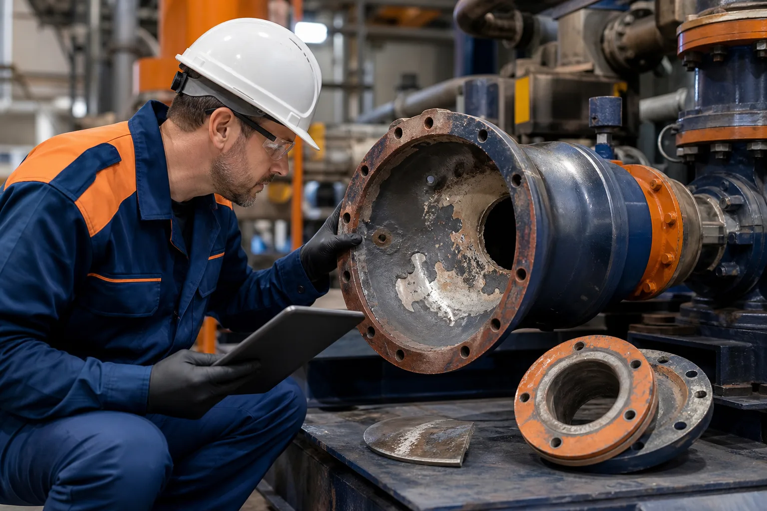 Engineer reviewing equipment geometry and damage factors for repair-material selection