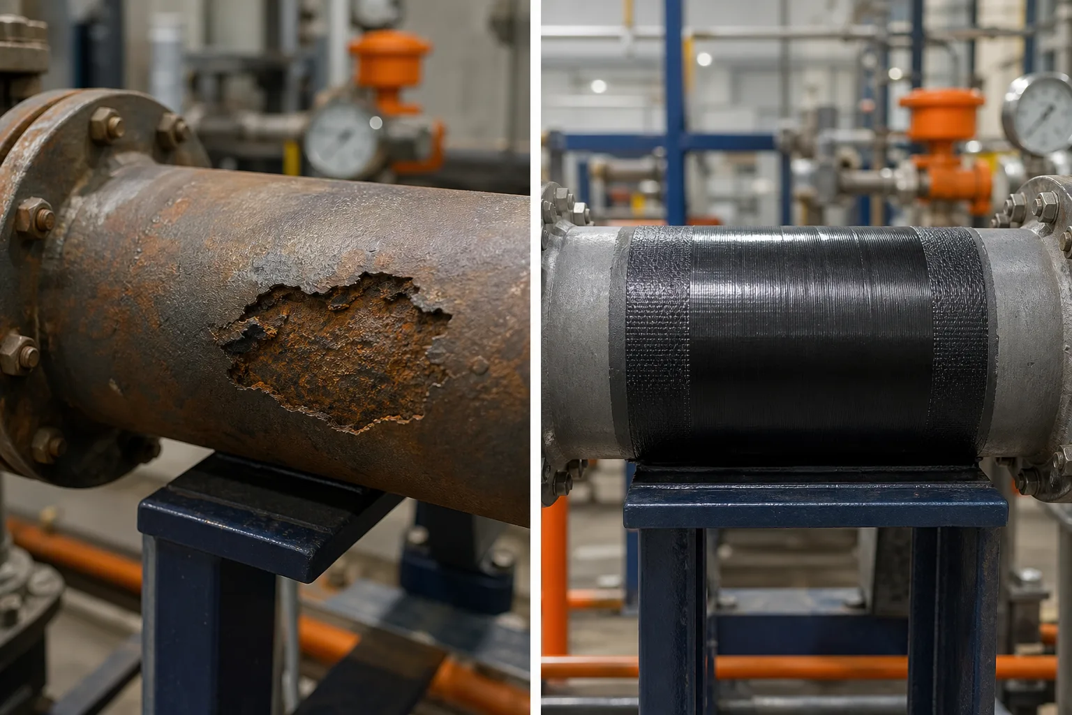 Localized corrosion on a pipe before repair selection | Composite reinforcement installed around a prepared pipe section