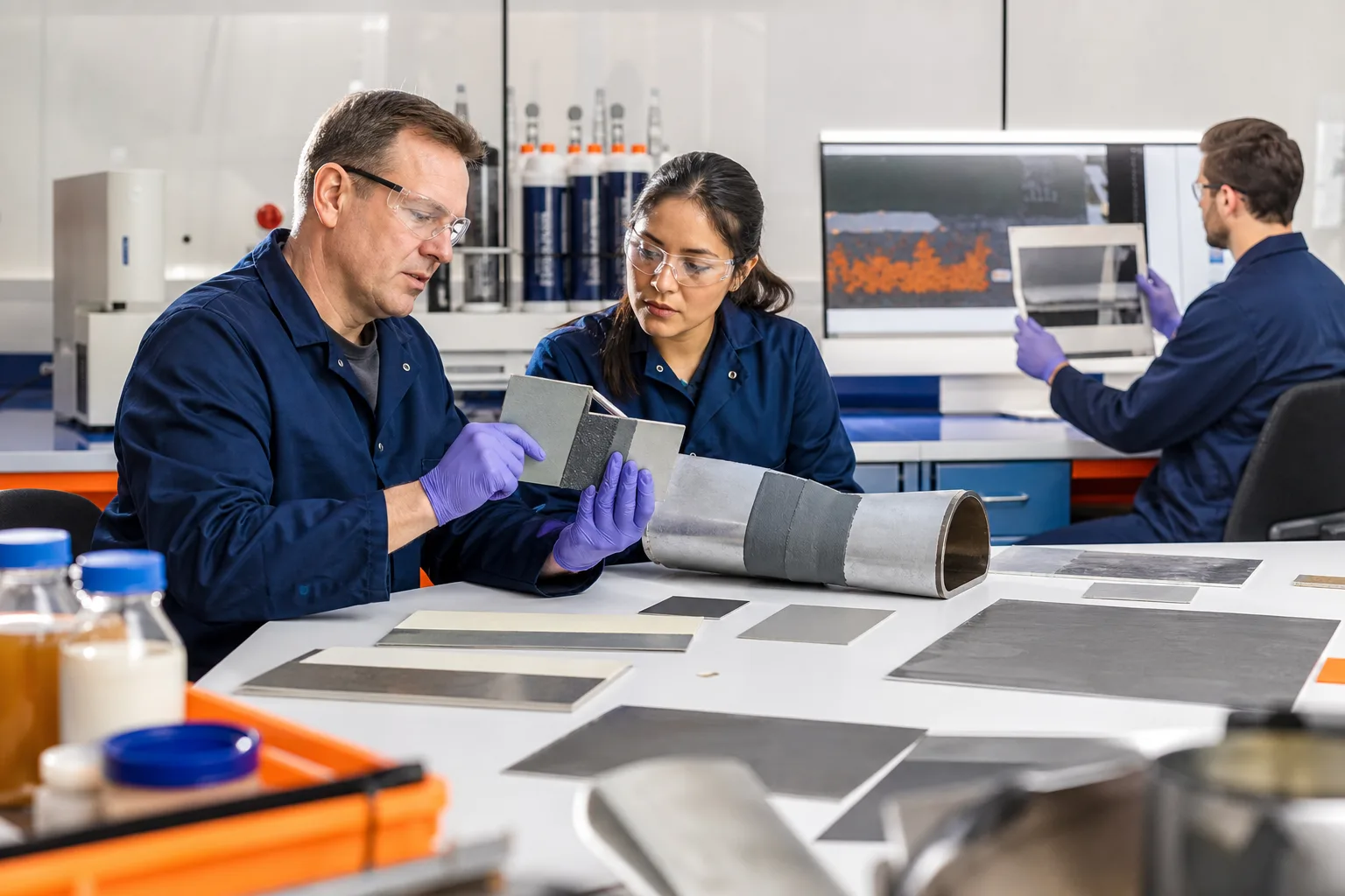 Technical specialists evaluating industrial repair material samples