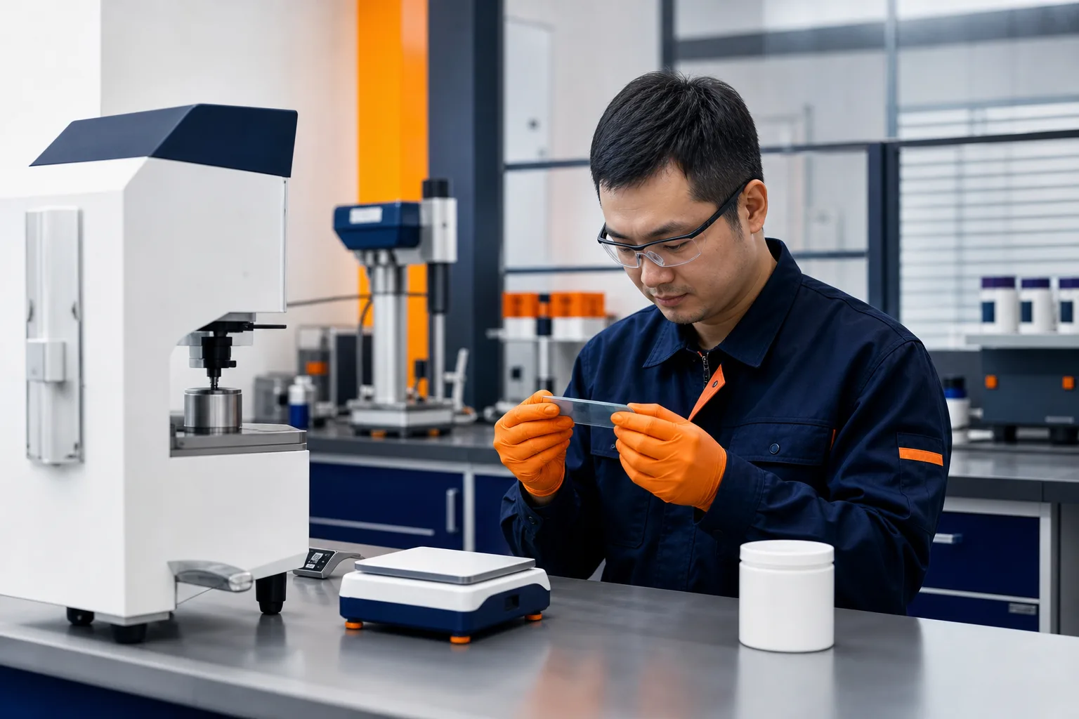 Quality technician reviewing an industrial repair material sample
