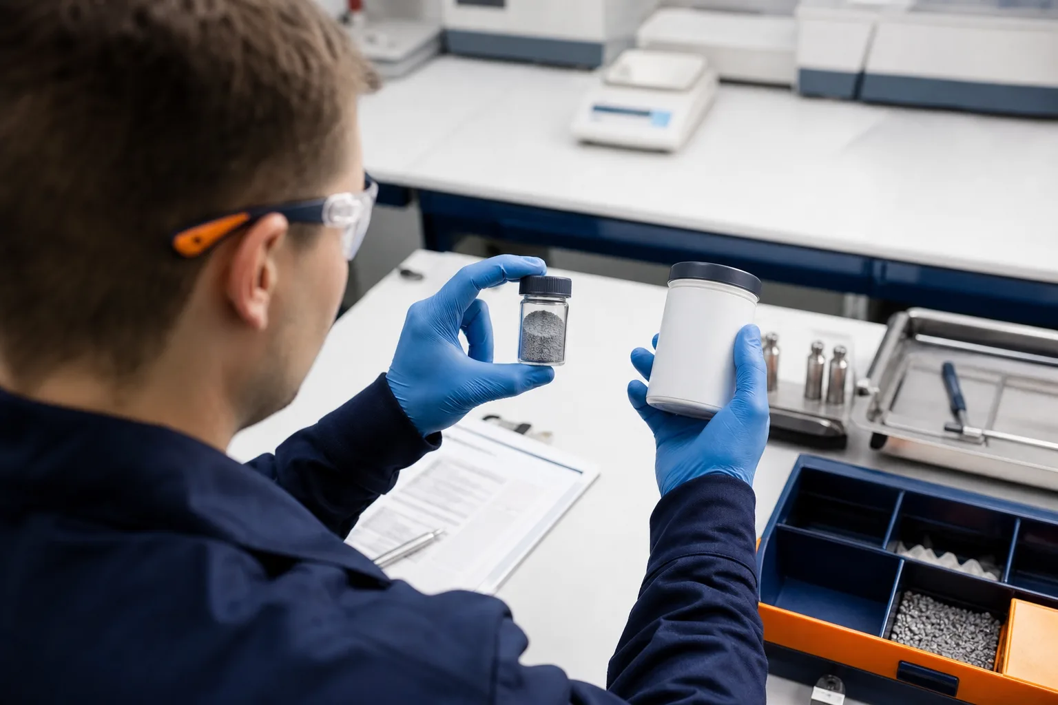 Technician comparing a retained material sample with a reference container
