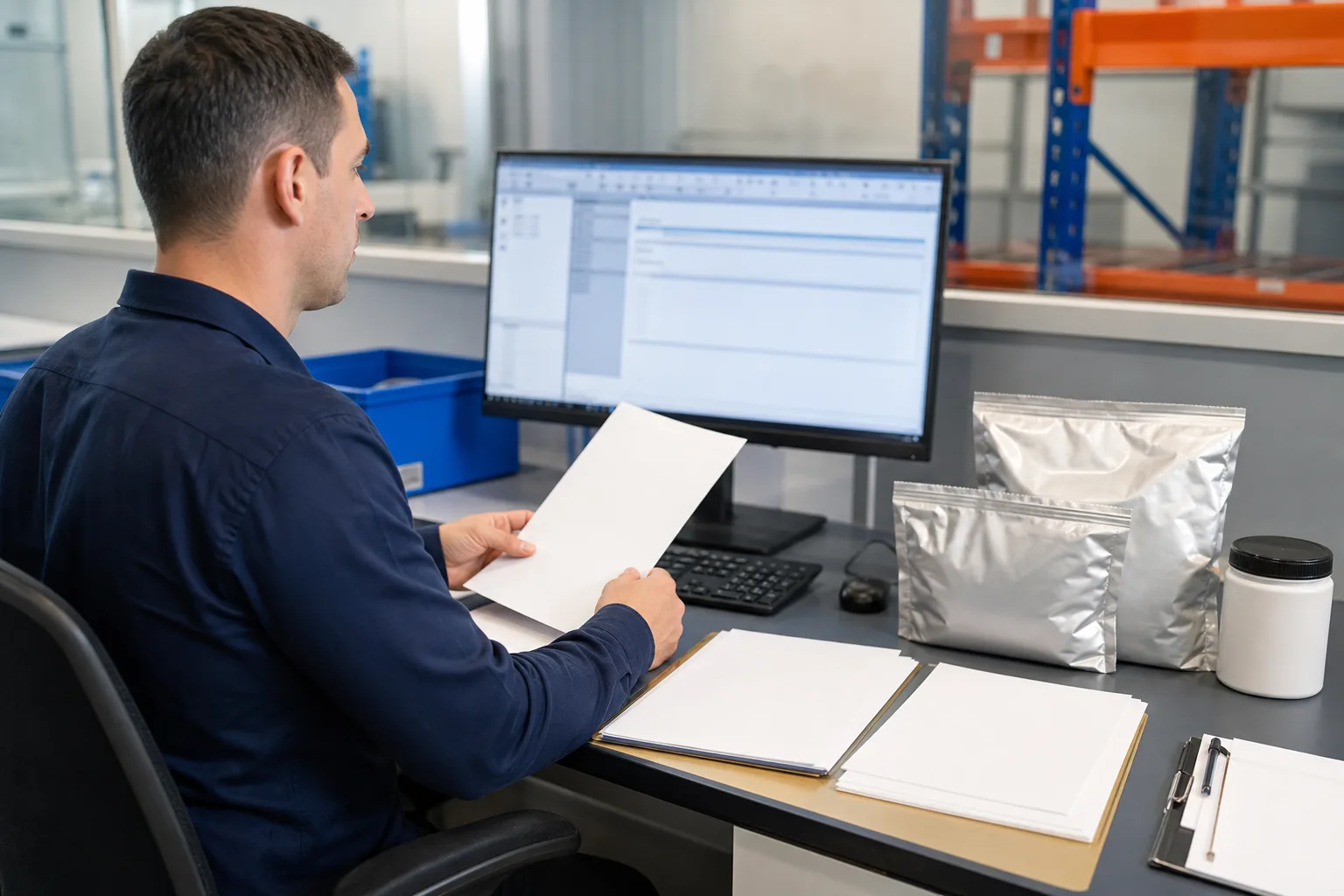 Quality and procurement documents organized beside industrial material packaging