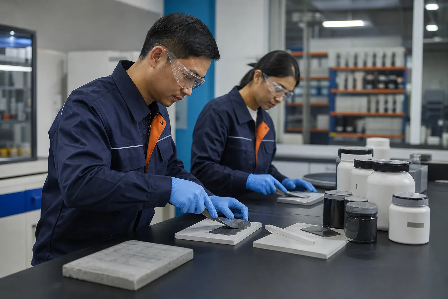 Technicians preparing industrial repair material specimens for evaluation