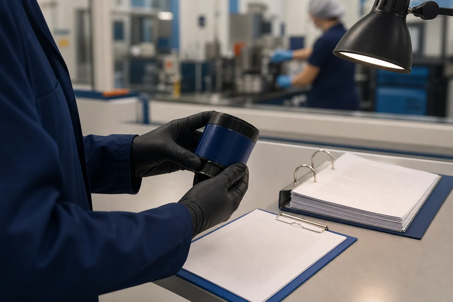 Gloved technician comparing a material batch with quality records