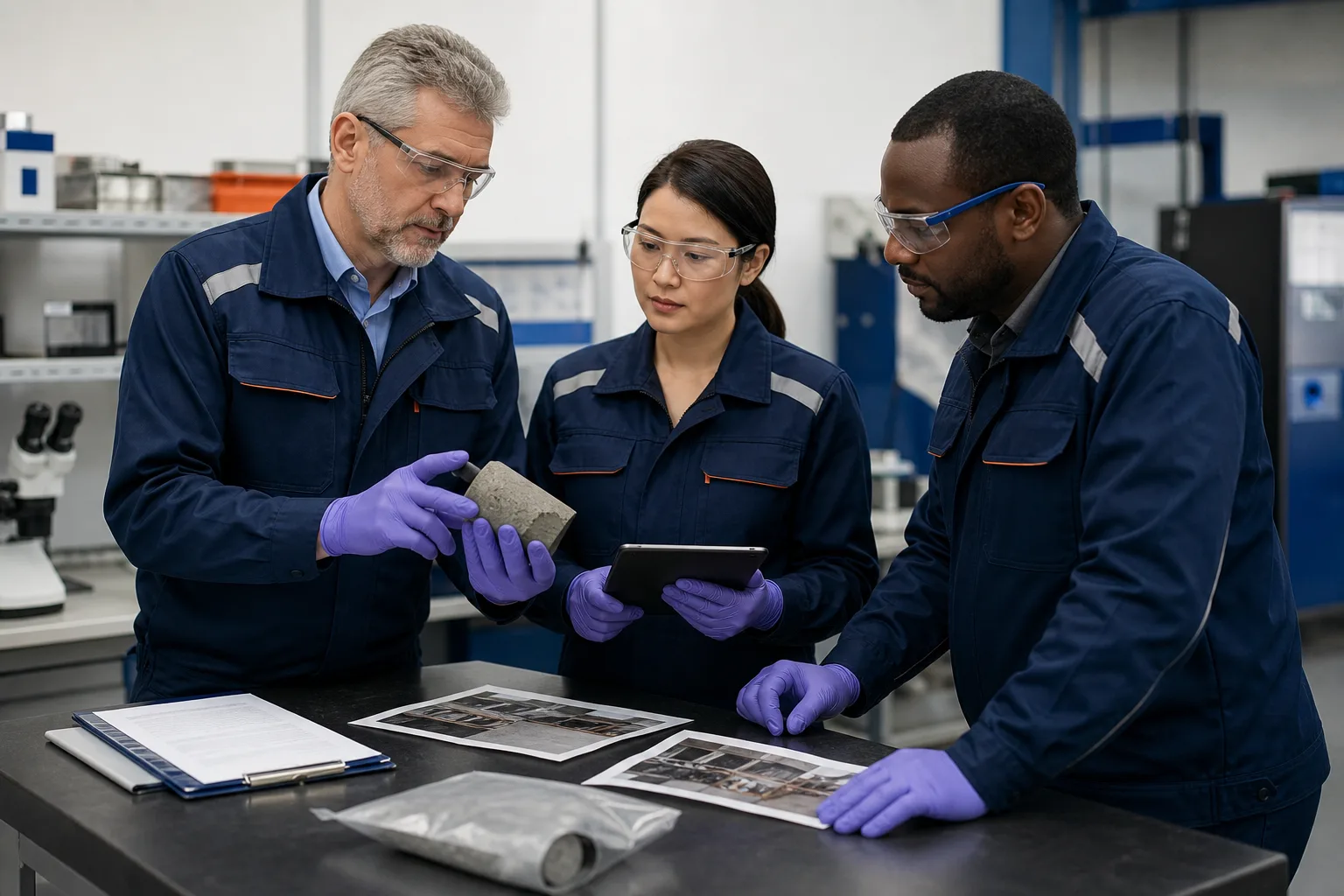 Technical team reviewing an industrial repair material sample