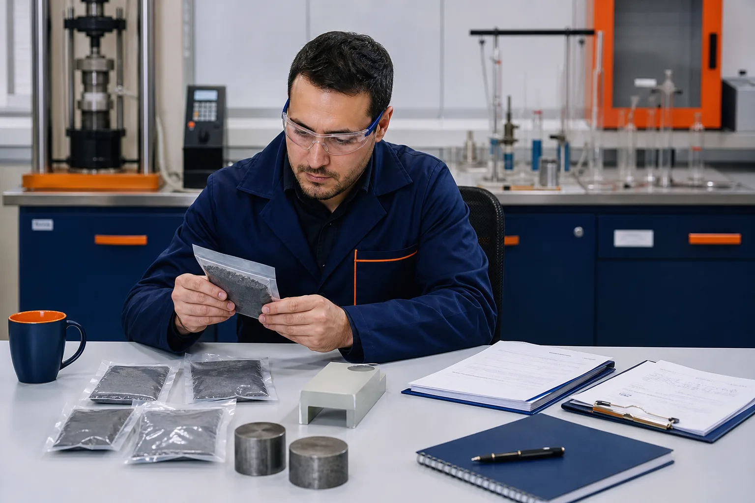 Technician reviewing material samples and technical documentation for a testing request