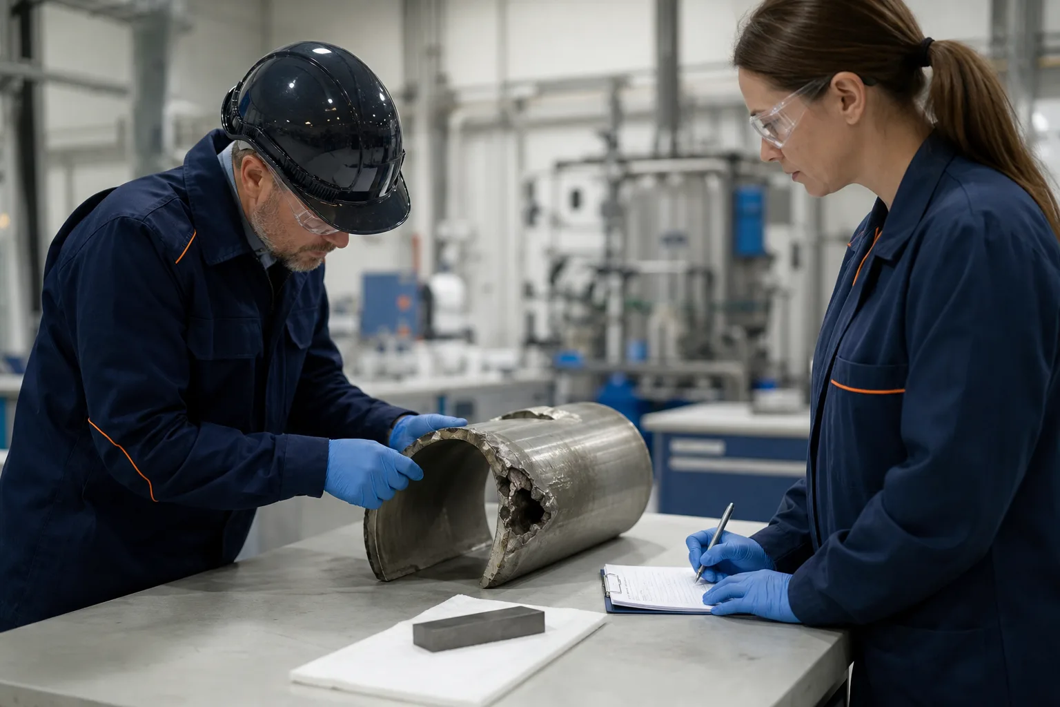 Technical team assessing a damaged steel component and repair material sample