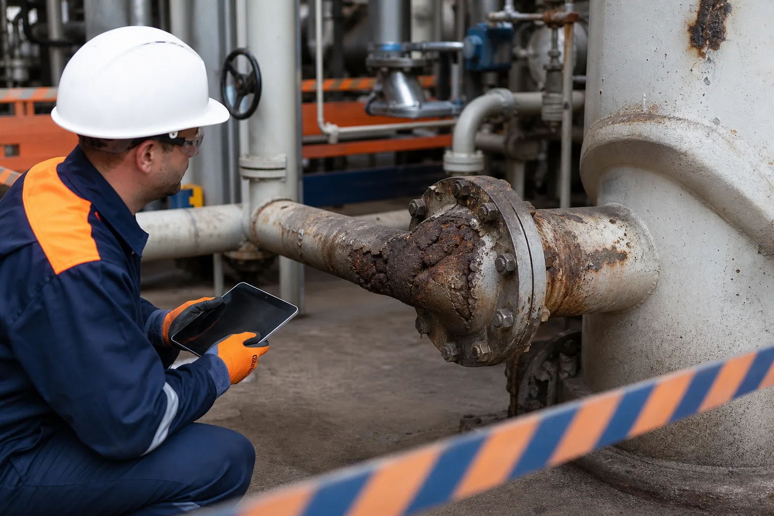 Maintenance personnel assessing damaged isolated equipment before approving a repair method