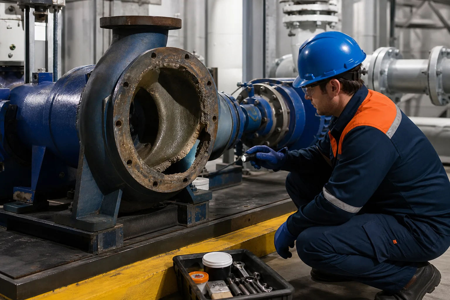 Maintenance engineer assessing a damaged metal pump housing during a controlled shutdown